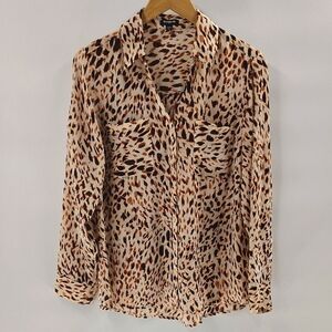 Express Animal Print Top Size Large Button Up V Neck Long Sleeve Cream And Brown